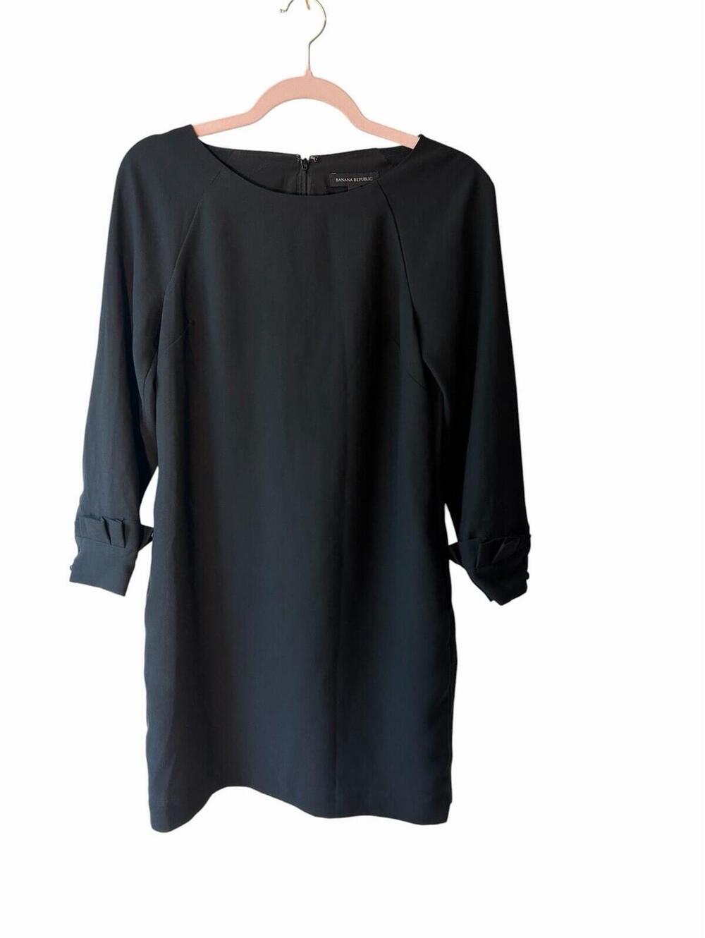 Banana Republic Black Solid Chiffon Sheath‎ Dress Lined Round Neck 3/4 Zip 2